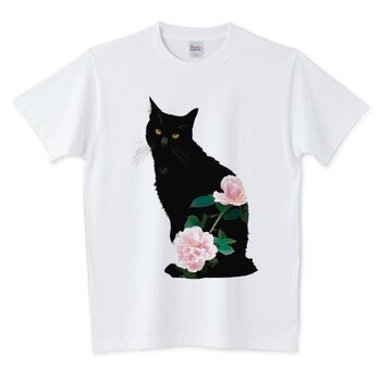 084黒猫バラTシャツ【男女兼用タイプ】の画像
