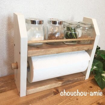 2段kitchen paper shelf 白×茶 キッチンペーパー スパイスラックの画像