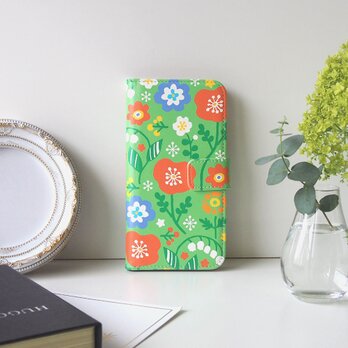 ＜iPhone＞手帳型スマホケース【Flowers／ライムグリーン】の画像