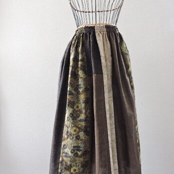 着物リメイク：紬パッチのギャザースカート（Brown2）の画像
