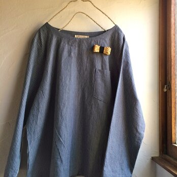 オーガニックコットンデニム　ブルーストライプ　ポケット付きプルオーバーブラウスの画像