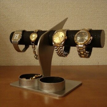 ブラックコルク4本掛けデザイン腕時計スタンド 丸トレイ　ＡＫデザインの画像