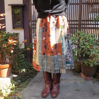 着物リメイク☆大島・紬・銘仙・いっぱい色々端切れパッチスカート♪の画像