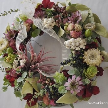 wine red & green　wreath：実と花と多肉プランツの画像