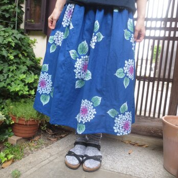 青空色に紫陽花で…浴衣リメイク☆夏の盛りに涼しいふんわりスカート80㎝丈の画像