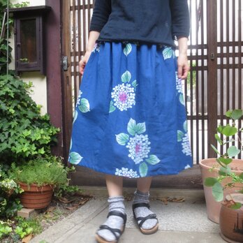 夏色ブルーに紫陽花☆浴衣リメイク☆サラサラ涼しい木綿スカート75㎝丈の画像