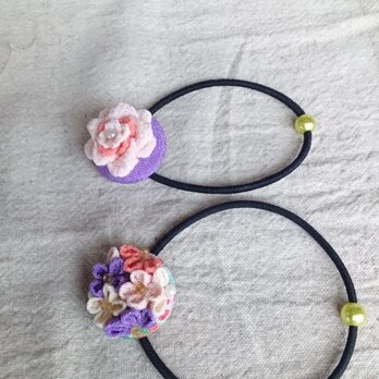 バラと紫陽花のヘアゴムの画像