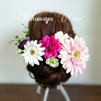 送料無料　*Ohanaya Coco*髪飾り　 ブルーミングガーベラと小花の８点セットNo0001の画像
