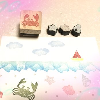 〻夏のはんこ〓 【カニさん&貝殻3個】3㎝他の画像