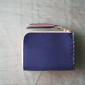 L字ファスナーの小型財布　ネイビー/紺糸/カーキの画像