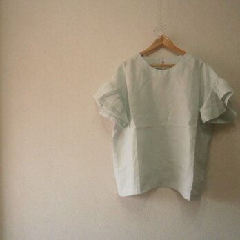 ★en-enフランスリネン・バイオウオッシュ・短めギャザー袖プルオーバー・淡い薄っすらペールなブルーグリーン(新1642)