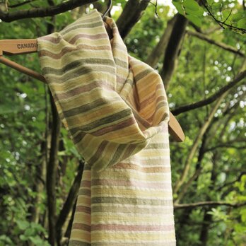 手紡ぎ手織りのストール　-春色ボーダー-　の画像