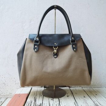 神戸ORZO ヌメ革×8号帆布ボストンBAG(M) カーキ×ネイビーの画像
