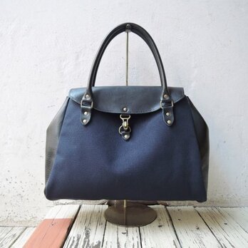 神戸ORZO ヌメ革×8号帆布ボストンBAG(M) ネイビー×ネイビーの画像