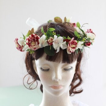 マーブル柄のスプレーバラとアジサイの花冠、ヘッドドレスの画像