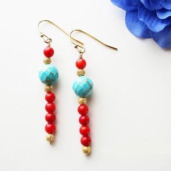 ターコイズ&珊瑚（コーラル） Turquoise&Coral earrings P0027の画像