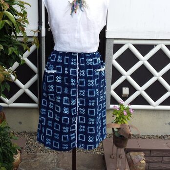 　着物リメイク　古布　手作り　藍　しぼり　ギャザースカートの画像