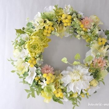 lemon color & white dahlia：wreathの画像