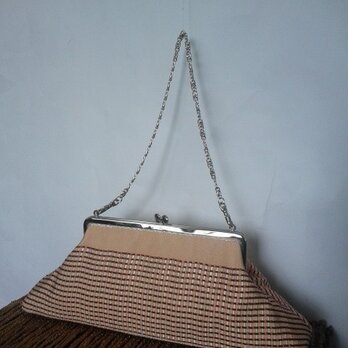 サーモンピンク・交織織り半幅帯・横長がま口バッグの画像