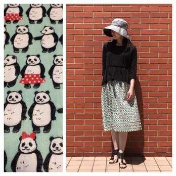 ■すっきりAラインスカート（70cm丈）：みっちりパンダ（グリーン）の画像