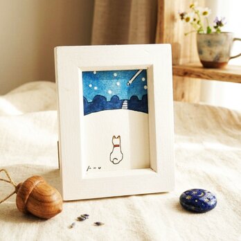 【犬種変更OK】「流れ星」ミニ原画　イラスト　※木製額縁入り・水彩・犬の絵