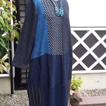 　着物リメイク　古布　手作り　藍木綿　バルーンワンピースの画像
