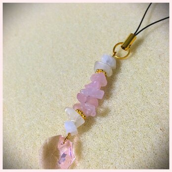 天然石とスワロフスキーのストラップ＊ローズクオーツとブルームーンストーン＊