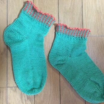 手編み靴下・マシュマロコットン緑の画像