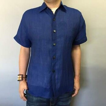 本近江織麻布手もみシャツ（黒×ブルー）の画像