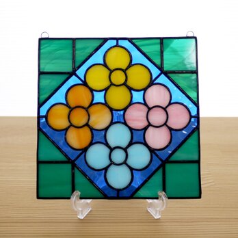 ステンドグラス ミニパネル 花壇・ブルー系 15cmの画像