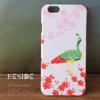 【 KIMONO 】希少一点物！！アンティーク着物・赤い孔雀と梅のiPhoneケースの画像