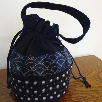手織り久留米絣：パッチワークの手つき巾着バッグ（B-８）の画像