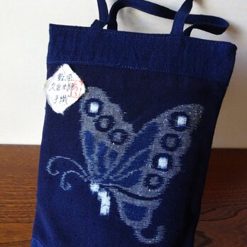 手織り久留米絣：蝶と椿のミニバッグ（MB-２）の画像