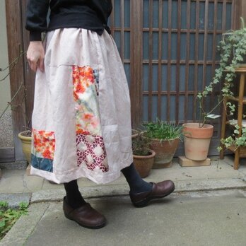 春景色もパッチ☆ピンクの亀甲紬でリメイクスカート♪78cm丈の画像