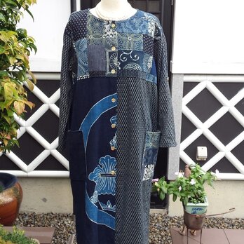 着物リメイク　古布手作り　かすり　パッチワーク　コートドレスの画像