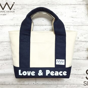 帆布xデニムの"Love & Peace”プリント入りSサイズトートバッグの画像