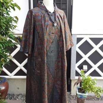 　着物リメイク　古布手作り　素敵な柄　大島紬　ワンピースの画像