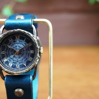 クラック ワールド ローマ Ｓサイズ　真鍮　ブルー　手作り腕時計の画像