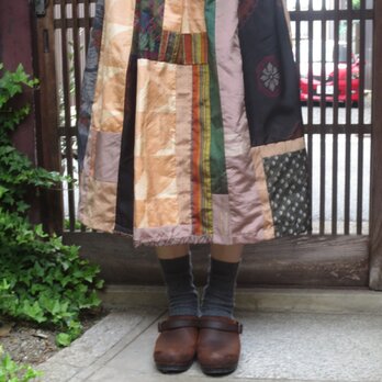 着物リメイク☆紬パッチでふんわりレトロモダンな秋色スカート７2㎝丈の画像