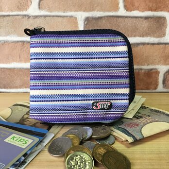 オシャレで機能的！旅に便利な、カード・お札・コイン用　先染め帆布財布　紫の画像