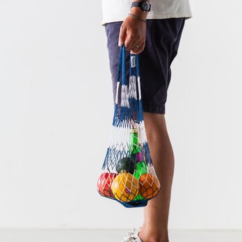 収納できるネットバッグ　ボーダー　ネイビー×ホワイト