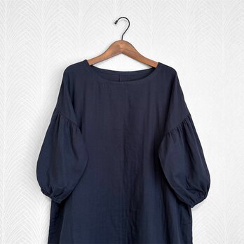 オーガニックWガーゼ・バルーン袖ワンピース◇ネイビー◇ゆったり