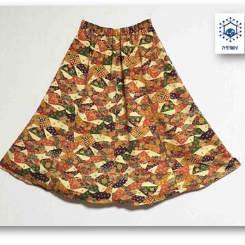 91　秋色小紋リメイクギャザーフレアスカート（長め丈）の画像