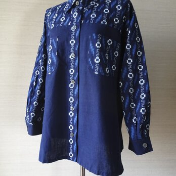 手織り久留米絣：流水と花つなぎのシャツ（W-11）の画像