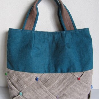 カラフルビーズ付き二色麻かばん