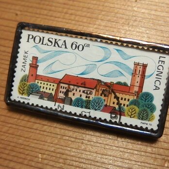 ヴィンテージ切手のブローチ - ポーランド レグニツァの風景の画像