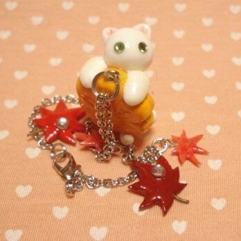にゃんこのしっぽ○紅葉まんじゅうバッグチャーム○白猫