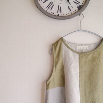 リネンパッチデザインチュニック(カーキ＆生成り＆グレー）