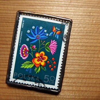 ヴィンテージ切手のブローチ - ポーランド 花の刺繍 1974年の画像