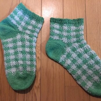 手編み靴下・マシュマロコットンチェック柄・緑の画像